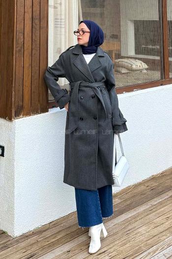 Lamelif Bağlama Detaylı Kaşe Kaban Antrasit