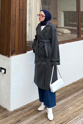 Lamelif Bağlama Detaylı Kaşe Kaban Antrasit