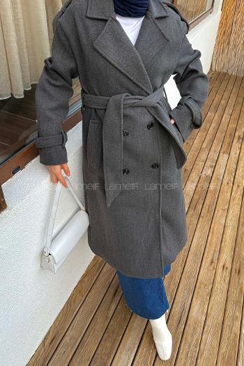 Lamelif Bağlama Detaylı Kaşe Kaban Antrasit