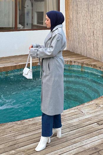 Lamelif Bağlama Detaylı Kaşe Kaban Gri