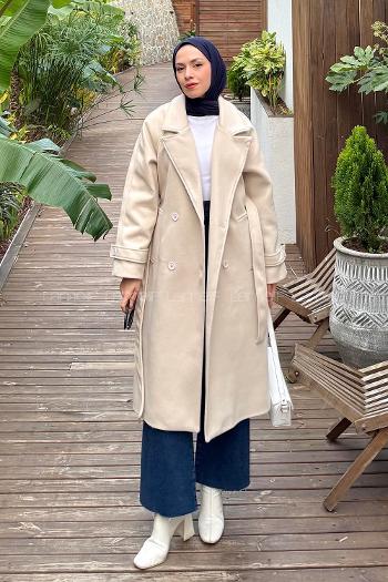 Lamelif Bağlama Detaylı Kaşe Kaban Krem