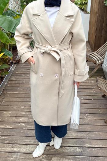 Lamelif Bağlama Detaylı Kaşe Kaban Krem