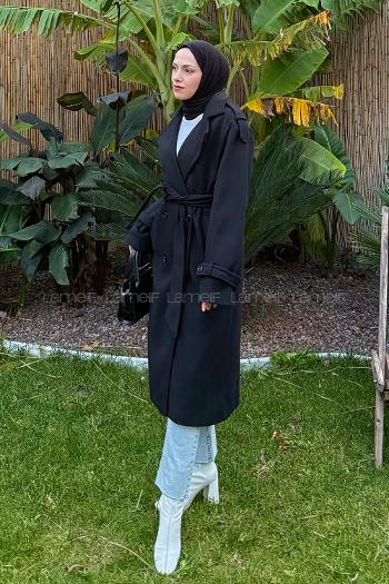 Lamelif Bağlama Detaylı Kaşe Kaban Siyah