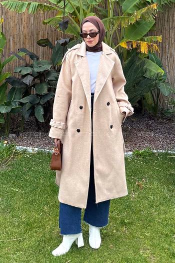 Lamelif Bağlama Detaylı Kaşe Kaban Sütlü Kahve