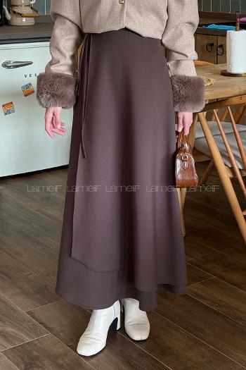 Lamelif Bağlama Detaylı Scuba Etek Kahverengi