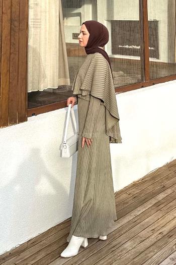 Lamelif Balıksırtı Kemerli Elbise Haki