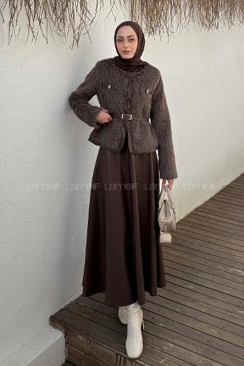 Lamelif Deri Etekli Tesettür Takım Acı Kahve