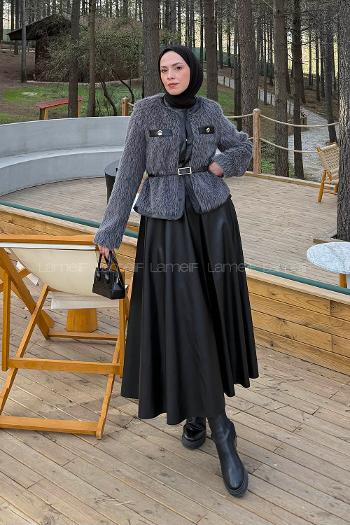 Lamelif Deri Etekli Tesettür Takım Siyah