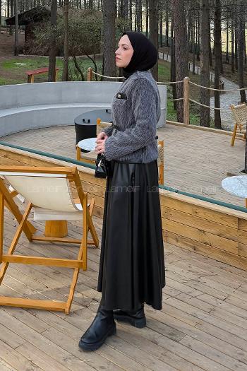 Lamelif Deri Etekli Tesettür Takım Siyah