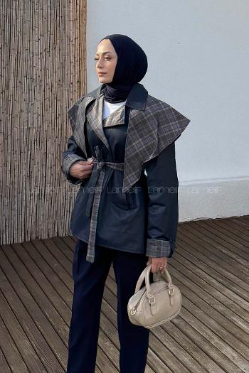 Lamelif Ekose Yaka Bağlama Detaylı Mont Lacivert