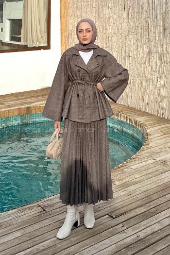 Lamelif Eksoe Desen Etekli İkili Takım Kahverengi