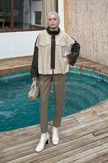 Khaki Neckband Long Arm Skin Jacket