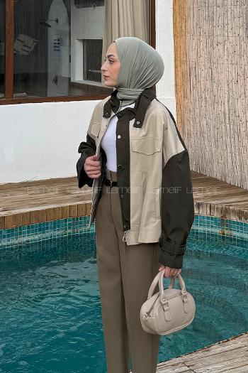 Khaki Neckband Long Arm Skin Jacket