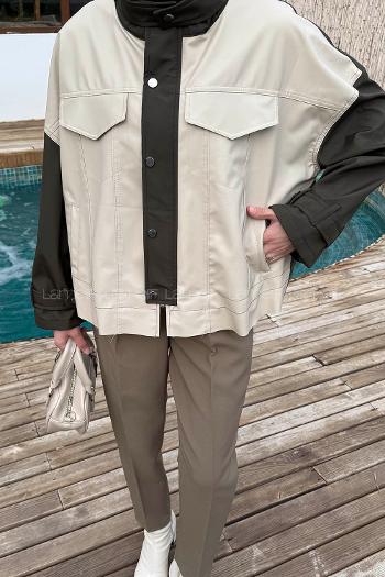 Khaki Neckband Long Arm Skin Jacket