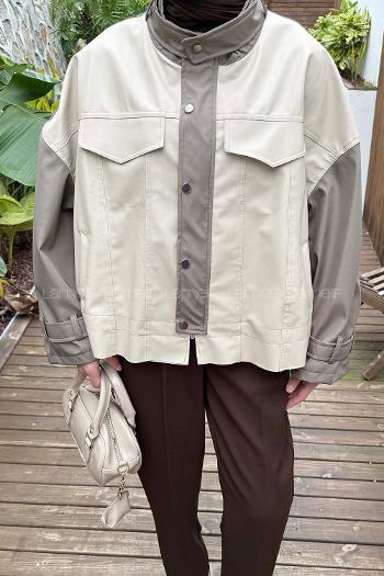 Lamelif Garnili Deri Ceket Krem