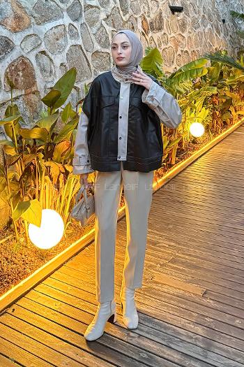 Black Neckband Long Arm Skin Jacket