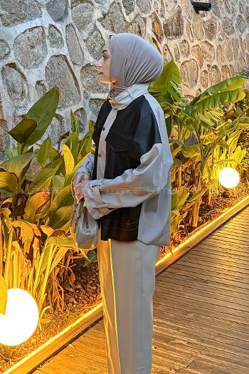 Black Neckband Long Arm Skin Jacket