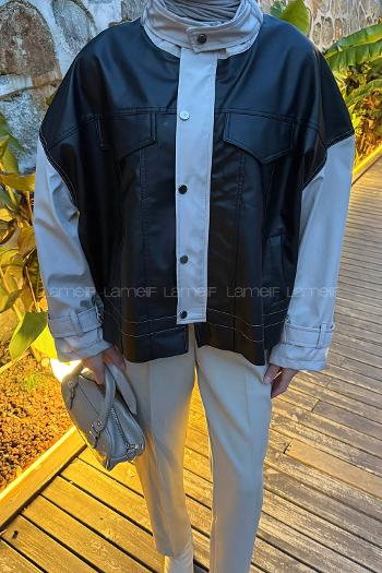 Black Neckband Long Arm Skin Jacket