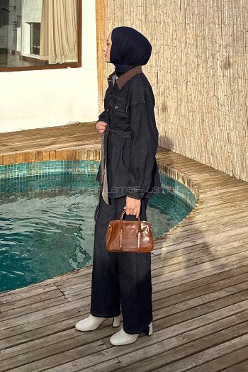 Lamelif Garnili İkili Kot Takım Koyu Mavi