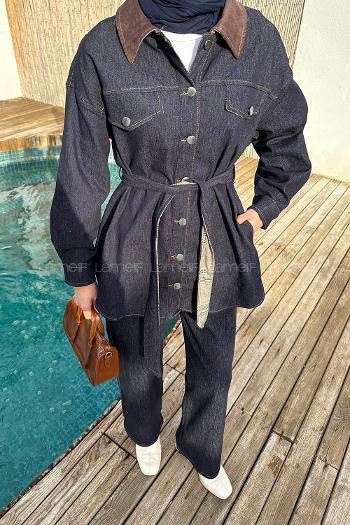 Lamelif Garnili İkili Kot Takım Koyu Mavi