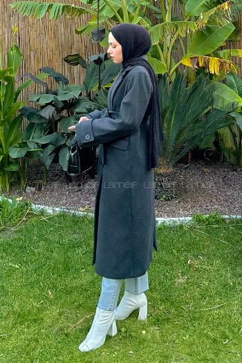 Lamelif Geniş Manşet Kaşe Kaban Antrasit