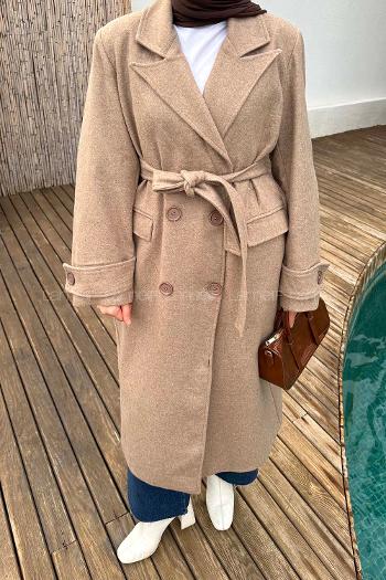 Lamelif Geniş Manşet Kaşe Kaban Soft Kahve