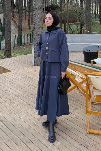 Lamelif Gold Düğme Detaylı Etekli İkili Takım Antrasit