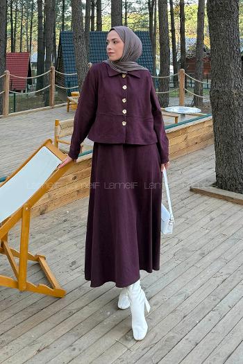 Lamelif Gold Düğme Detaylı Etekli İkili Takım Bordo