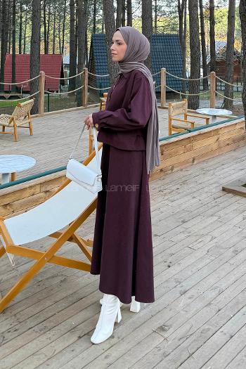 Lamelif Gold Düğme Detaylı Etekli İkili Takım Bordo