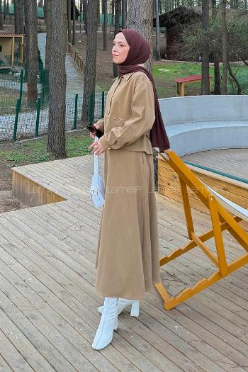 Lamelif Gold Düğme Detaylı Etekli İkili Takım Koyu Bej