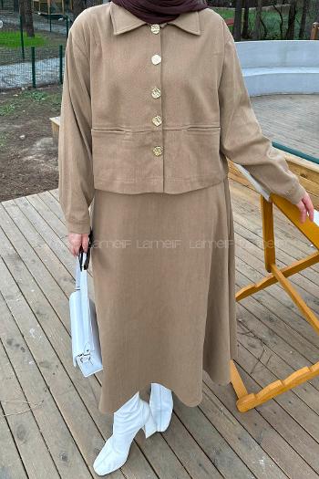 Lamelif Gold Düğme Detaylı Etekli İkili Takım Koyu Bej