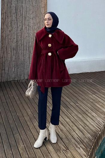 Lamelif Gold Düğmeli Bağlamalı Tesettür Kaban Bordo