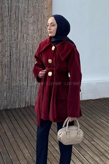 Lamelif Gold Düğmeli Bağlamalı Tesettür Kaban Bordo