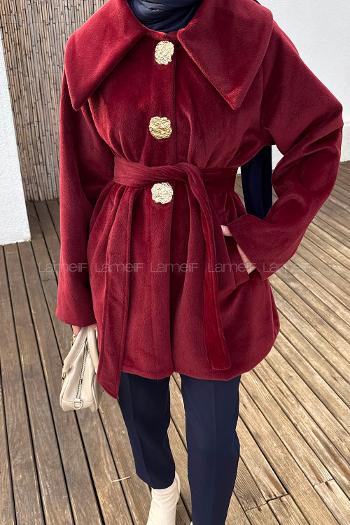 Lamelif Gold Düğmeli Bağlamalı Tesettür Kaban Bordo