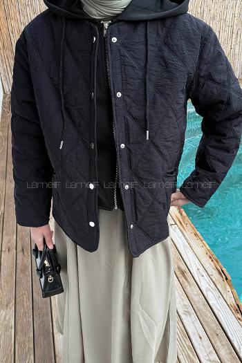 Lamelif Kapüşonlu Kapitone Mont Siyah