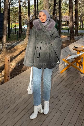 Lamelif Kapüşonlu Panço Antrasit