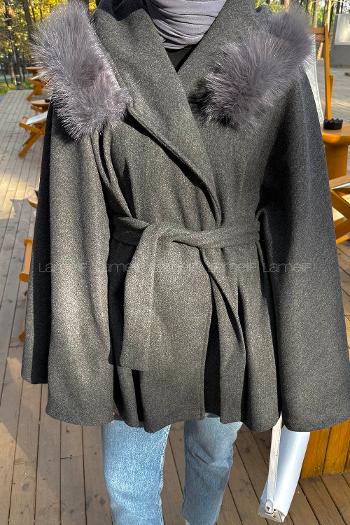 Lamelif Kapüşonlu Panço Antrasit