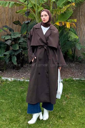 Lamelif Kuşaklı Poliviskon Trenç Kahverengi