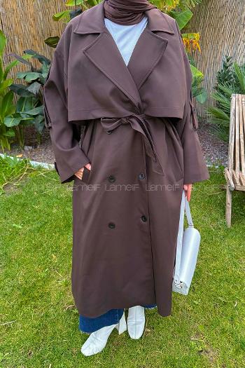 Lamelif Kuşaklı Poliviskon Trenç Kahverengi