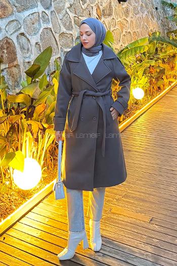 Lamelif Omuz Filetolu Kol Apoletli Kaşe Kaban Antrasit