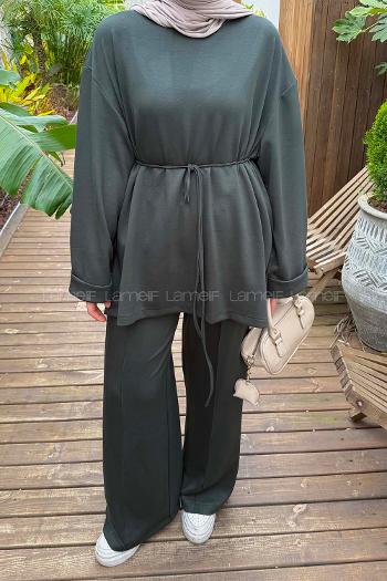 Khaki Crew Neck Long Arm Viscose Fabric Elastan Regular Trousers Comfortable Suit