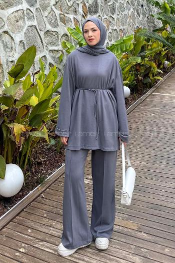Gray Crew Neck Long Arm Viscose Fabric Elastan Regular Trousers Comfortable Suit