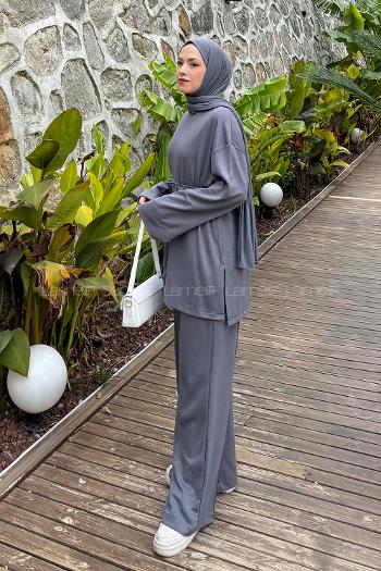 Gray Crew Neck Long Arm Viscose Fabric Elastan Regular Trousers Comfortable Suit