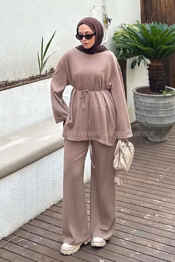 Soft Brown Crew Neck Long Arm Viscose Fabric Elastan Regular Trousers Comfortable Suit