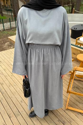 Gray Crew Neck Long Arm Linen Flare Suit