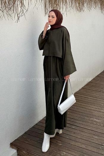 Khaki Crew Neck Long Arm Linen Flare Suit