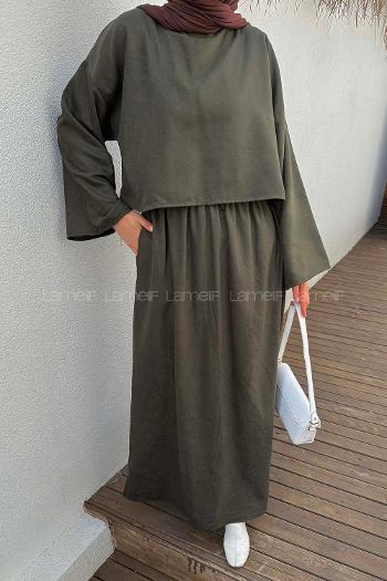 Khaki Crew Neck Long Arm Linen Flare Suit
