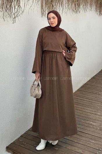 Brown Crew Neck Long Arm Linen Flare Suit