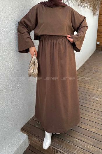 Brown Crew Neck Long Arm Linen Flare Suit