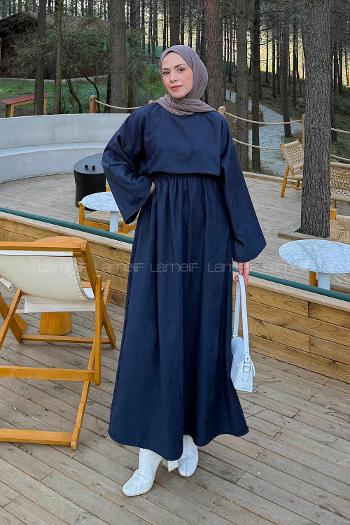 Navy Blue Crew Neck Long Arm Linen Flare Suit